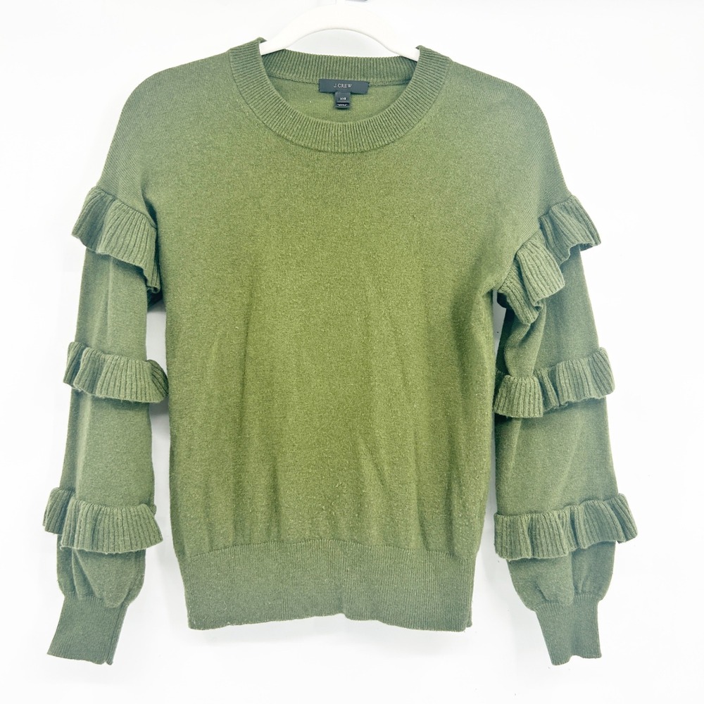 J. Crew Womens‎ Moss Green Wool Blend Tiered Ruffle Sleeve Preppy Sweater XXS